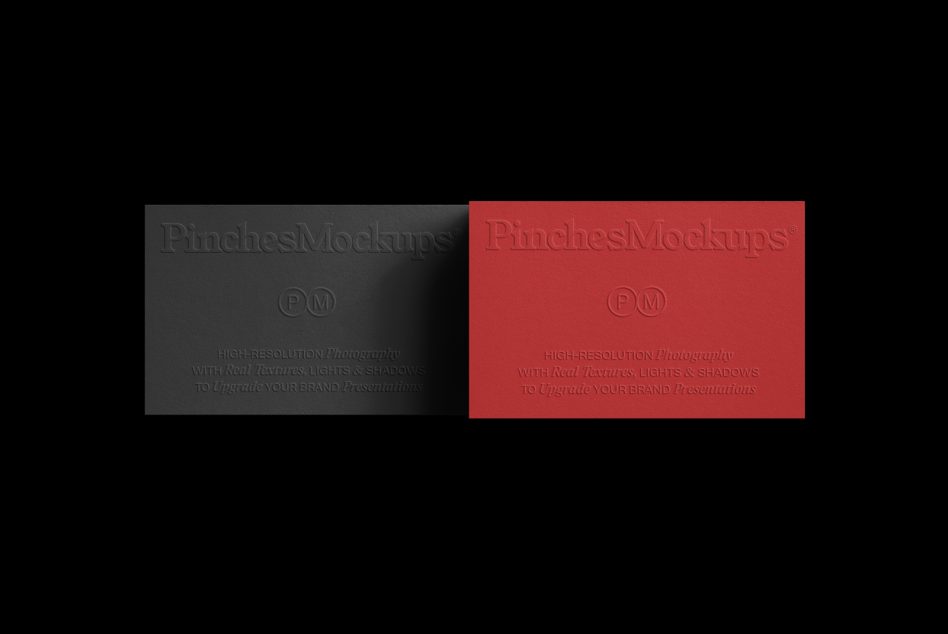Two business card mockups side by side, one gray one red with embossed PinchessMockups logo